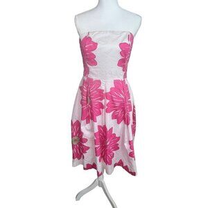 Lilly Pulitzer Strapless White & Pink Floral Fit and Flare Dress, Size 8